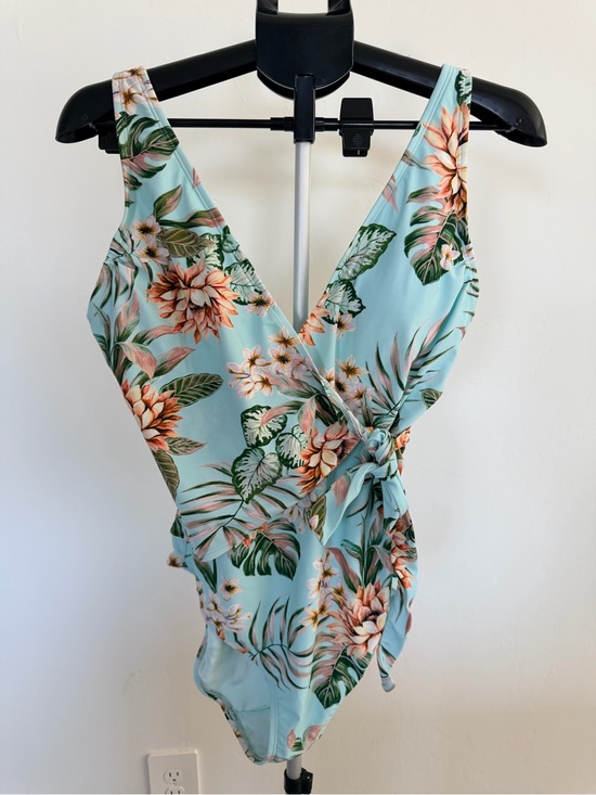 Palisades Beach Club Other - Floral Wrap One-Piece Swimsuit in Light Aqua